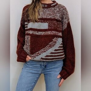 Vintage Abstract Chunky Textured Crewneck Sweater In Burgundy/ Light Blue